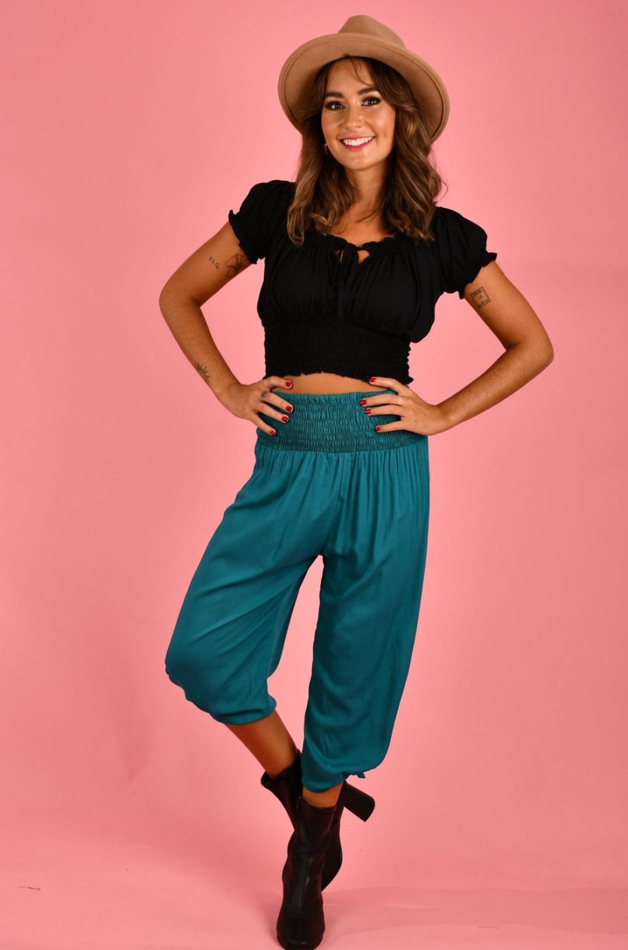 GO GIRL Pants | Vglp051 - 3/4 Rouched Tie Pants Teal