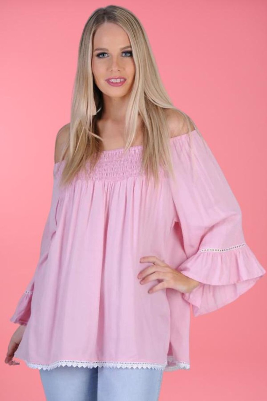 BODACIOUS Tops | Vblt113 - Rouched Bell Sleeve Top Blush Pink