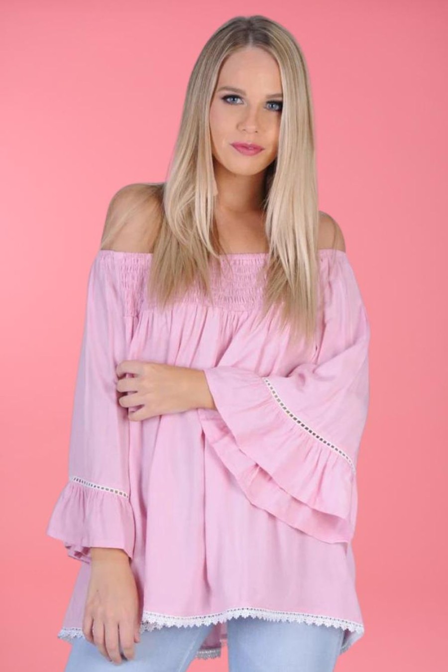 BODACIOUS Tops | Vblt113 - Rouched Bell Sleeve Top Blush Pink