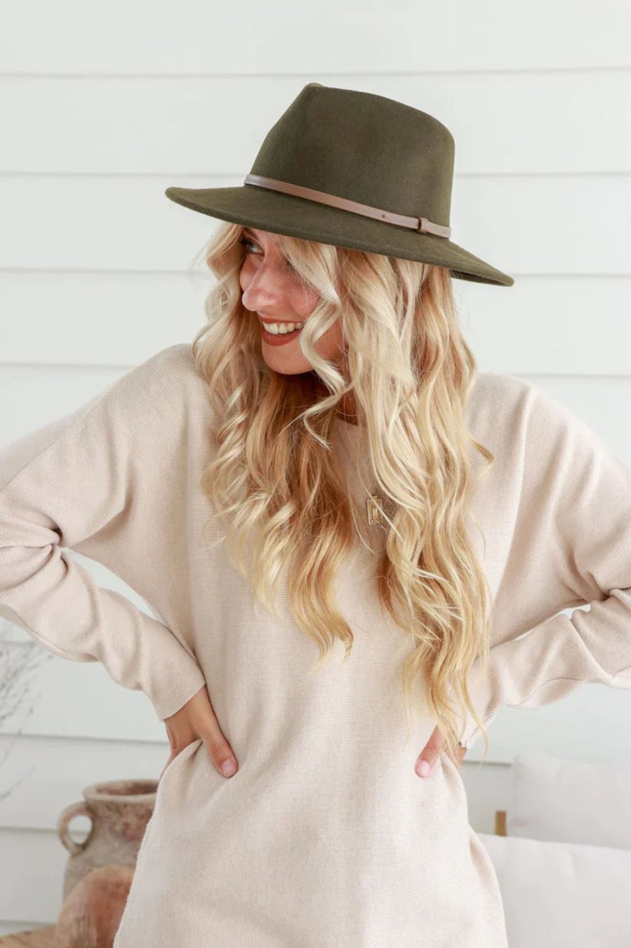 FREE SPIRIT Hats | Fsh2107 - Wool Felt Hat W/Contrast Band Trim - Khaki