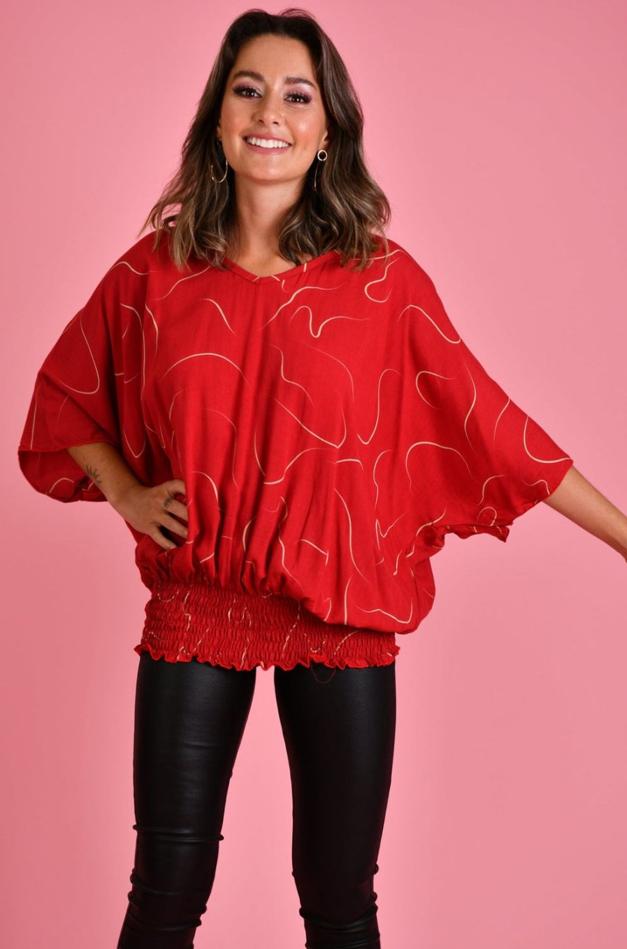 BODACIOUS Tops | Vblt112 - V Neck Batwing Top Swirl Cherry