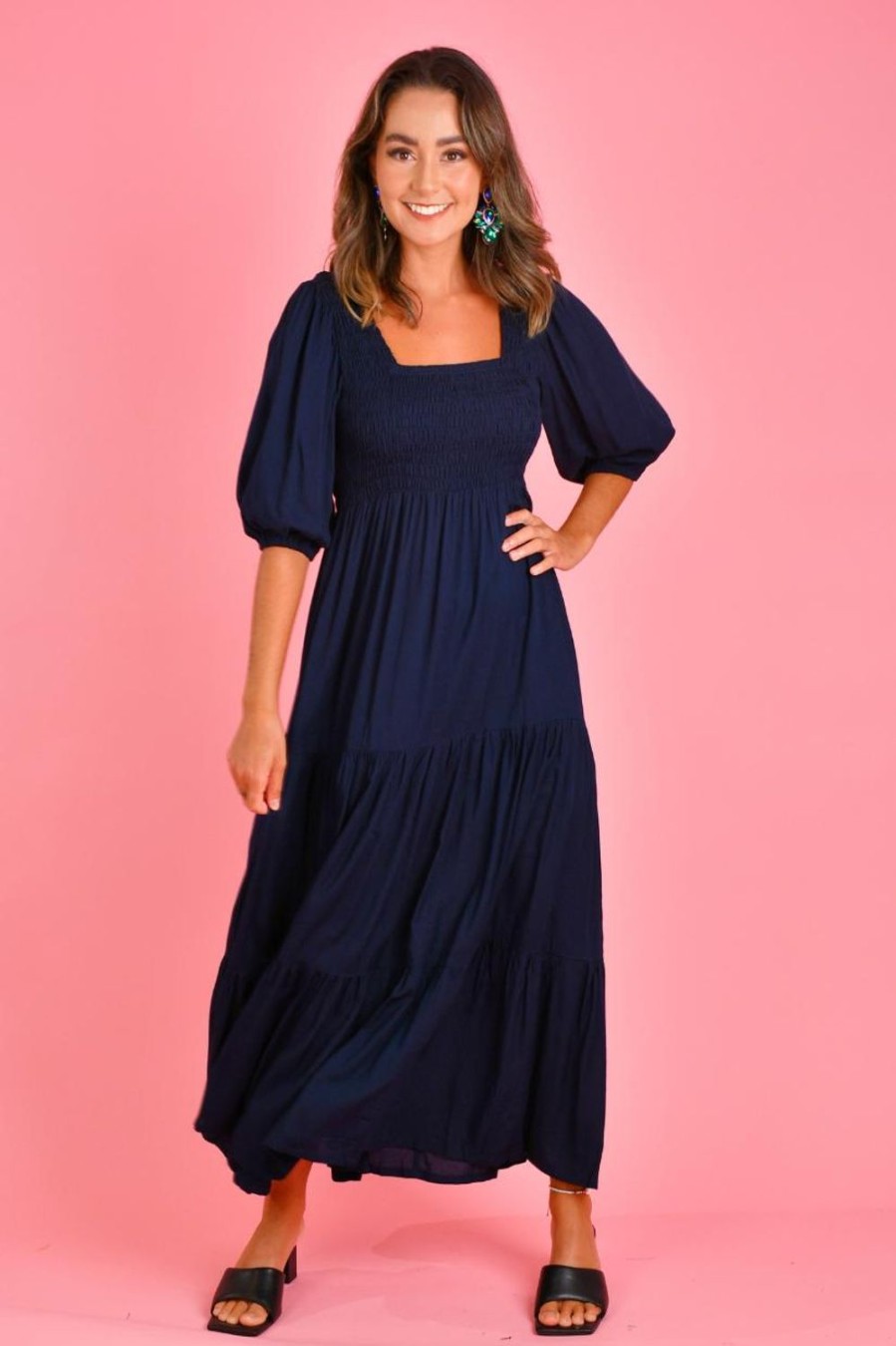 GO GIRL Dresses | Vgld145 - Montauk 3/4 Sleeve Maxi Dress Navy