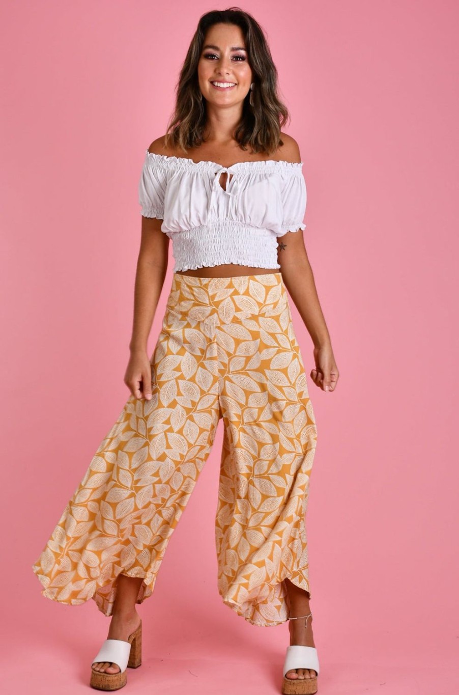 BODACIOUS Pants | Vblp106 - Sydney Wide Leg Pant Spotted Leaf Mustard