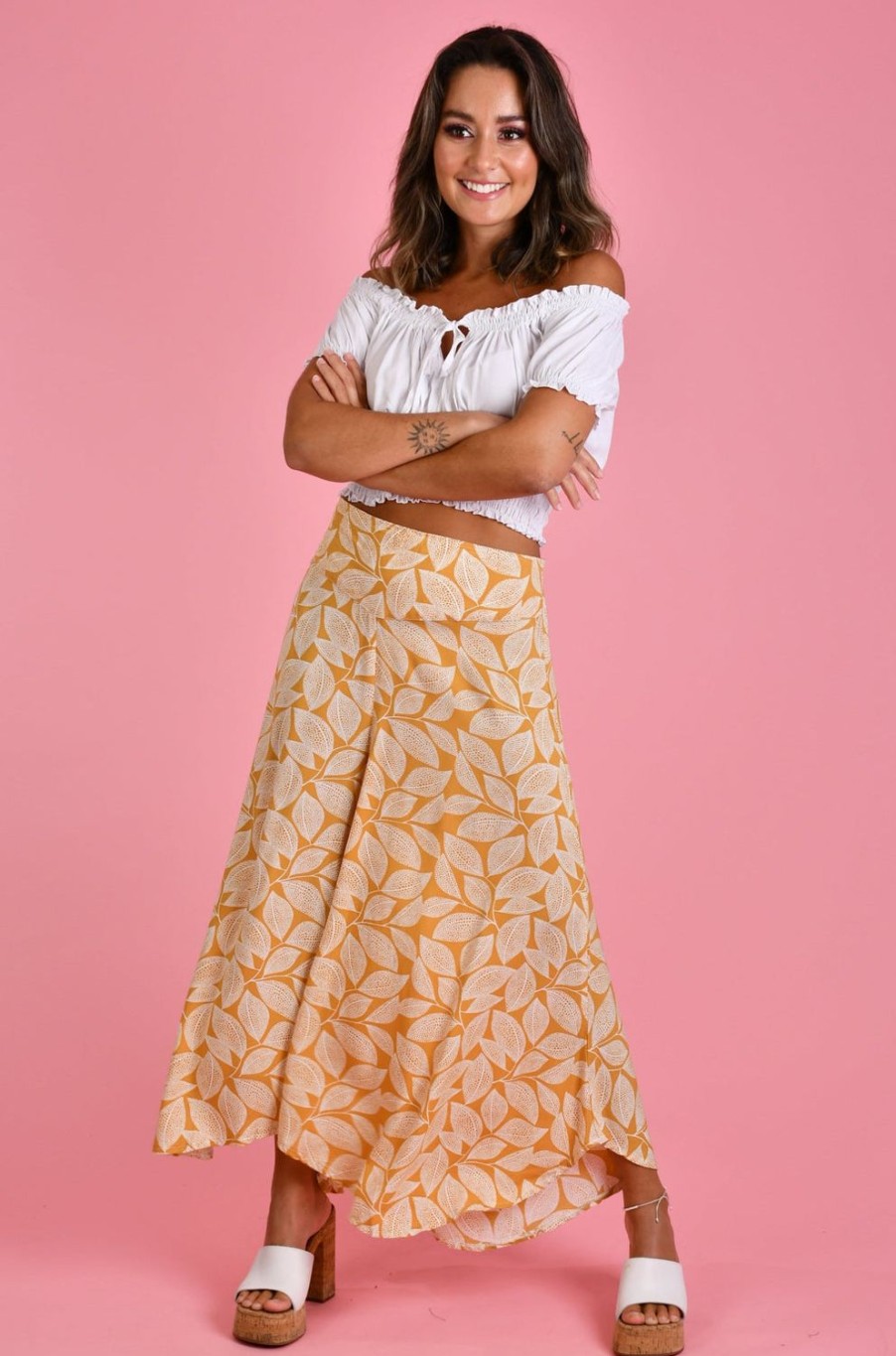 BODACIOUS Pants | Vblp106 - Sydney Wide Leg Pant Spotted Leaf Mustard