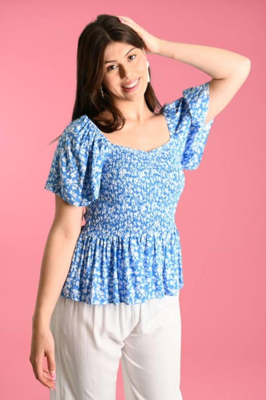 GO GIRL Tops | Vglt131 - Izzy Rouched Top Primrose Sky