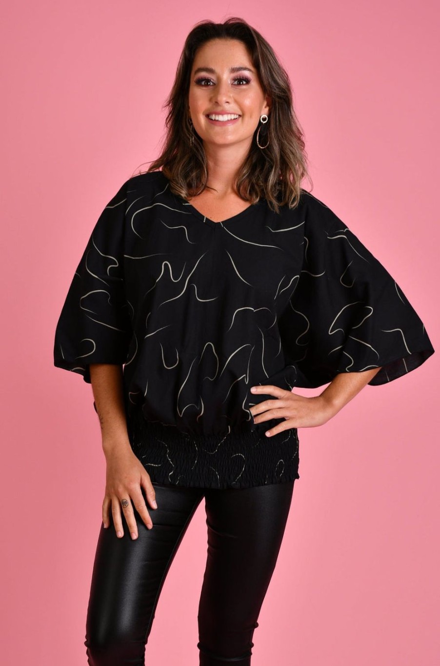 BODACIOUS Tops | Vblt112 - V Neck Batwing Top Swirl Black