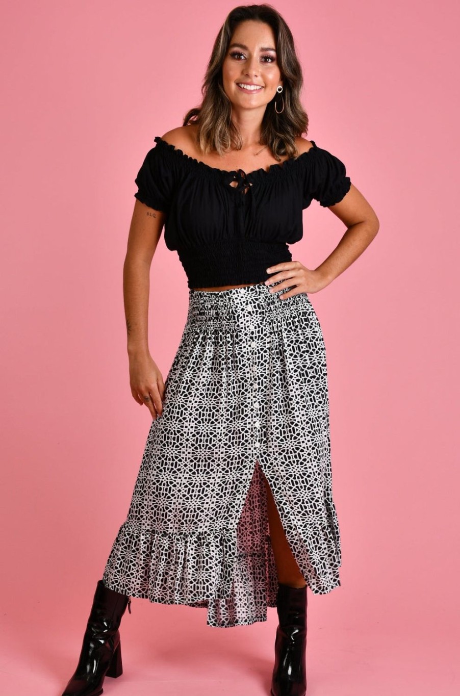 GO GIRL Skirts | Vglk050 - Rouched Midi Skirt Black/White Mosaic