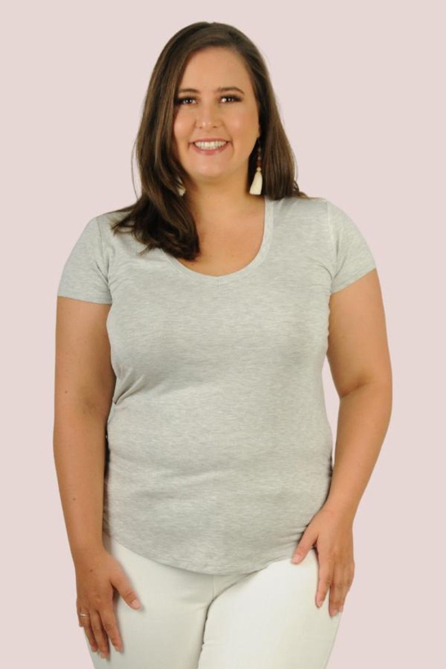 GO GIRL Tops | Vglt115 - Bamboo V Neck Tee Shirt Light Grey Marle