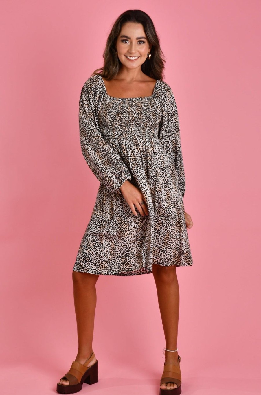 GO GIRL Dresses | Vgld142 - Montclair Long Sleeve Short Dress Cheetah Tan