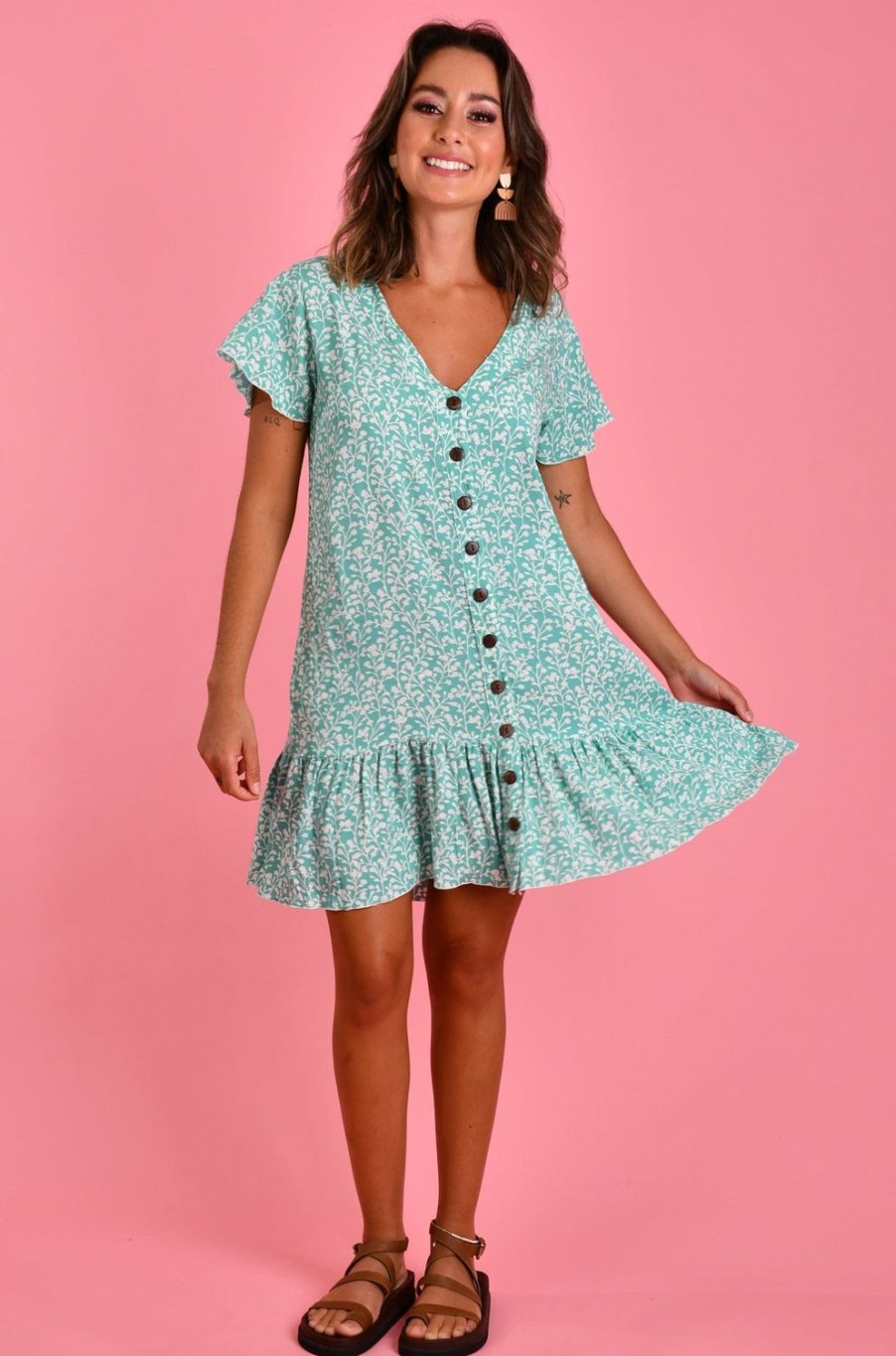 GO GIRL Dresses | Vgld219 - Cap Sleeve Button Dress Blossom Mint