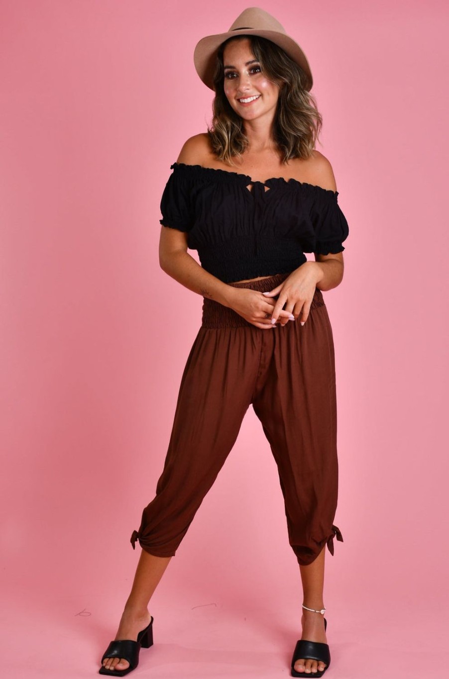 GO GIRL Pants | Vglp051 - 3/4 Rouched Tie Pants Chocolate