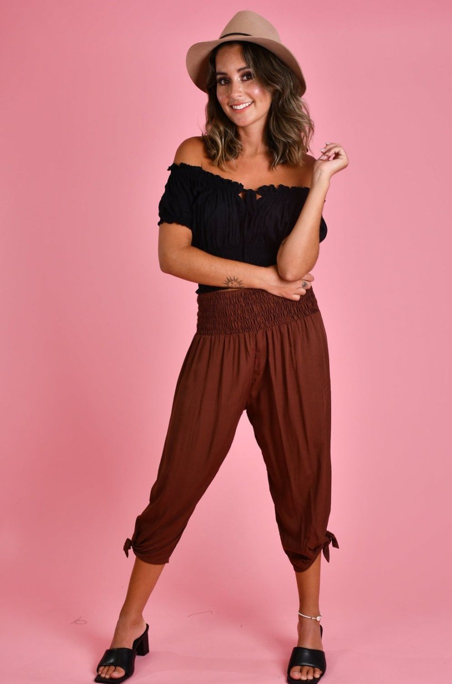 GO GIRL Pants | Vglp051 - 3/4 Rouched Tie Pants Chocolate