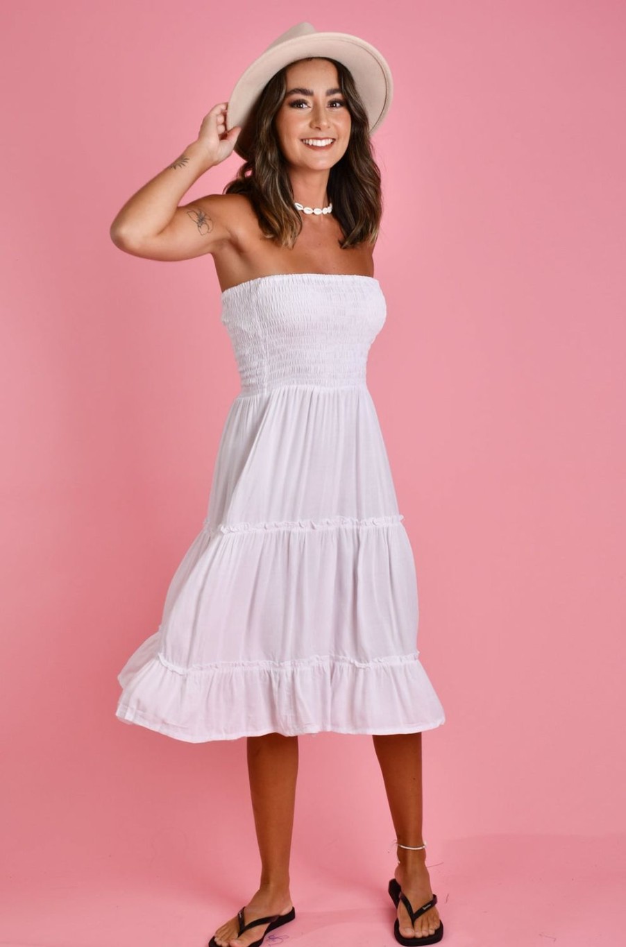 GO GIRL Dresses | Vgld218 - 3/4 Tiered Rouched Dress White