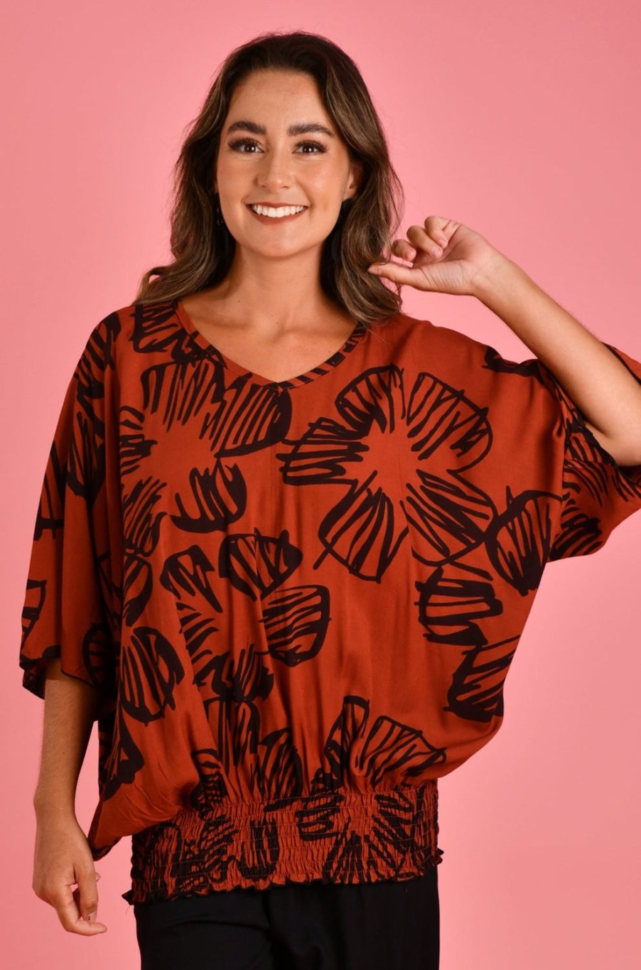 BODACIOUS Tops | Vblt112 - V Neck Batwing Top Autumn Vibes Rust