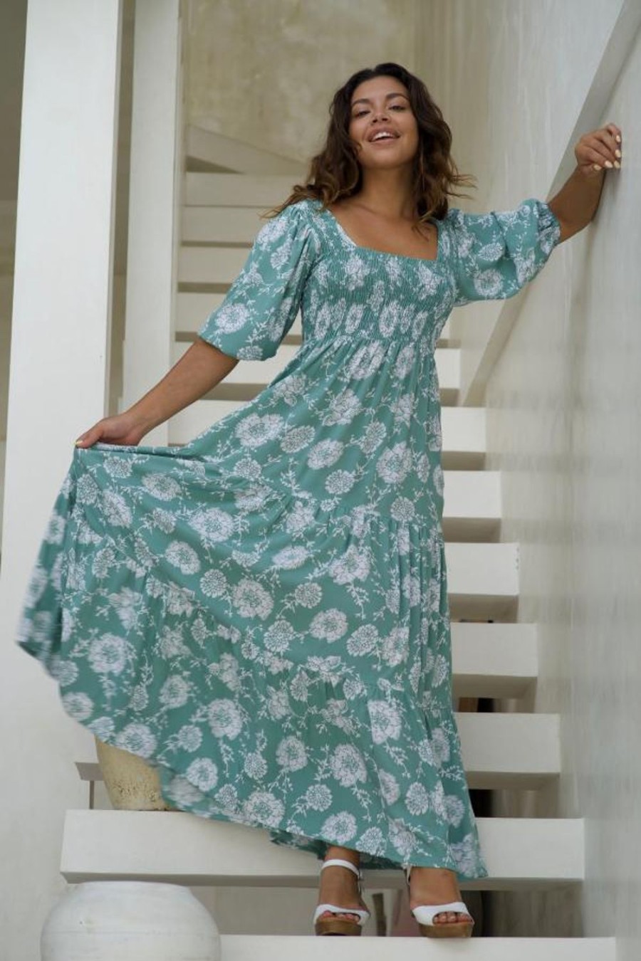 GO GIRL Dresses | Vgld145 - Montauk 3/4 Sleeve Maxi Dress Vintage Rose Sage