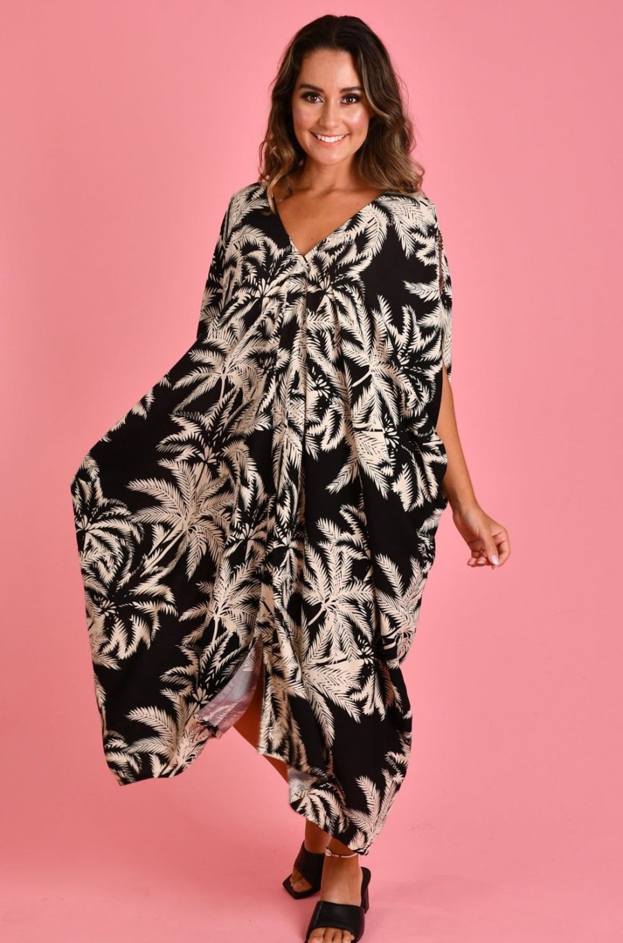 BODACIOUS Kaftans | Vbld348 - Cushla Dress Palm Tree Black