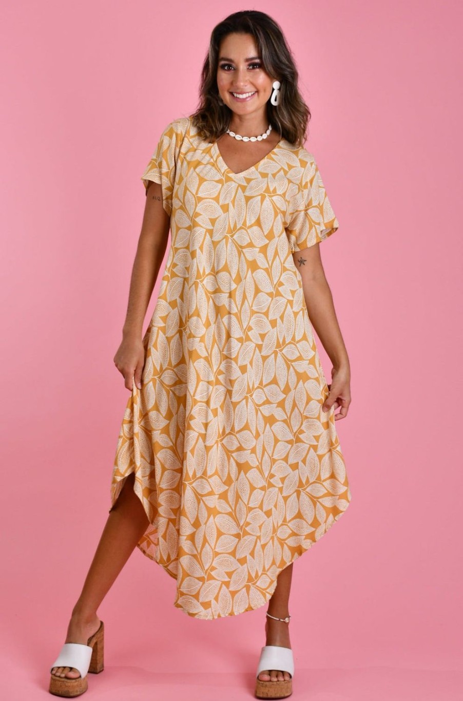 BODACIOUS Dresses | Vbld083 - Great Harbour Dress Spotted Leaf Mustard