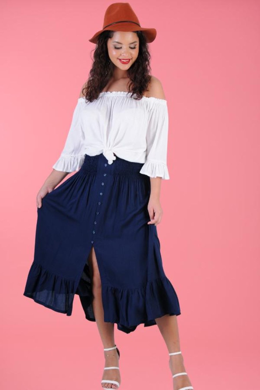 GO GIRL Skirts | Vglk050 - Rouched Skirt With Button Detail Navy