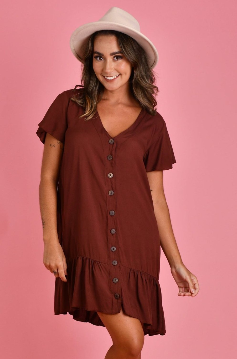 GO GIRL Dresses | Vgld219 - Cap Sleeve Button Dress Chocolate