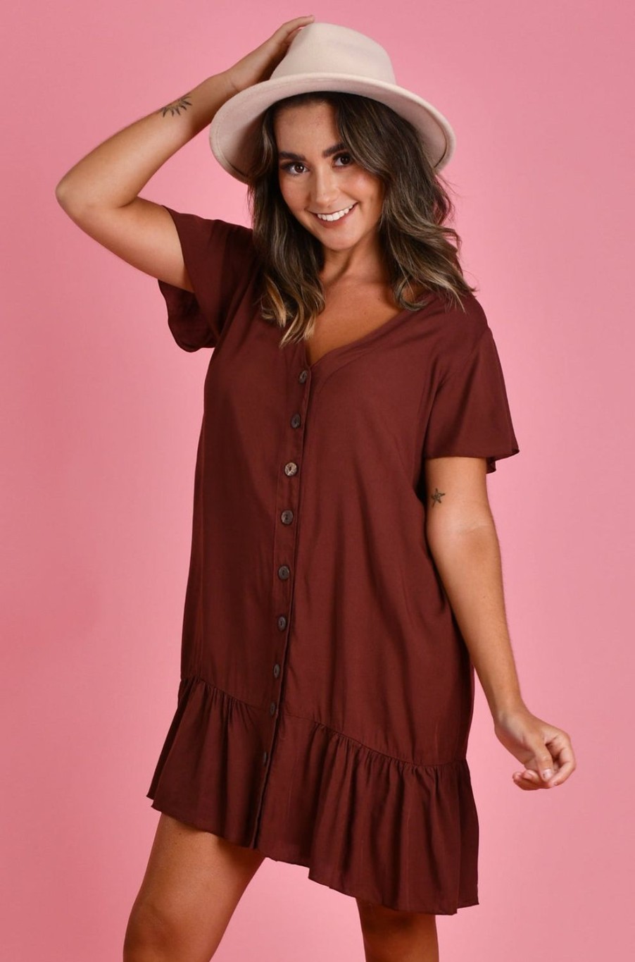 GO GIRL Dresses | Vgld219 - Cap Sleeve Button Dress Chocolate