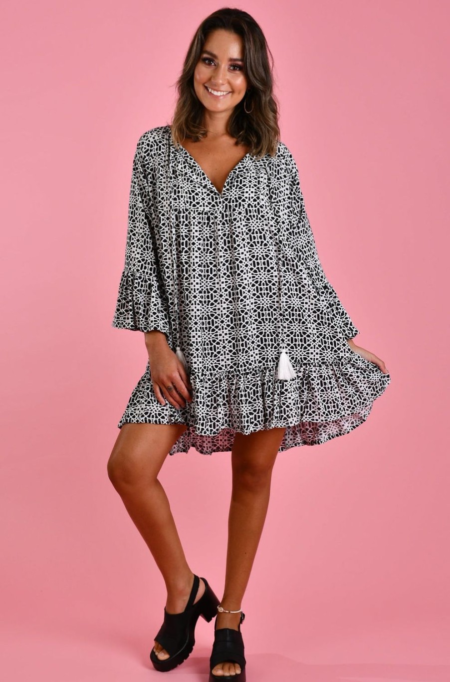 GO GIRL Dresses | Vgld231- Ibiza Kaftan Black/White Mosaic